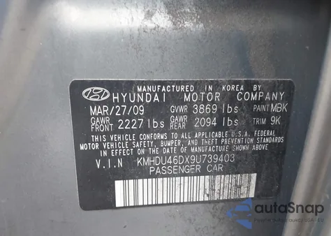 2009 Hyundai Elantra Gls z USA, uszkodzony, nr VIN KMHDU46DX9U739403